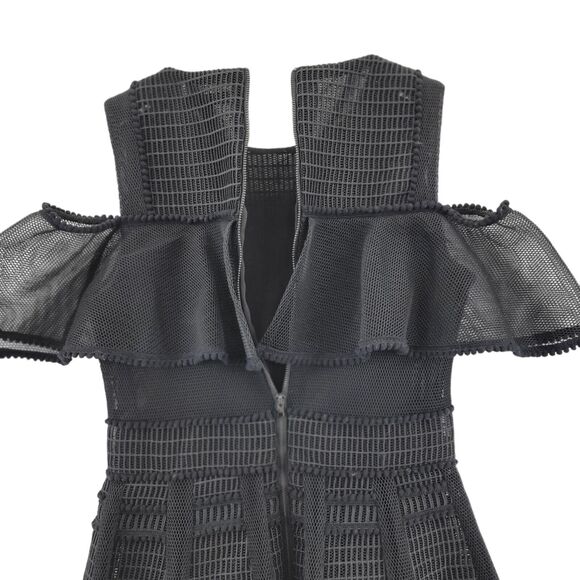 Maje "Rosalie" Cold Shoulder Dress Black Mini Dress Size 2 Mesh Overlay A-Line - Picture 9 of 15